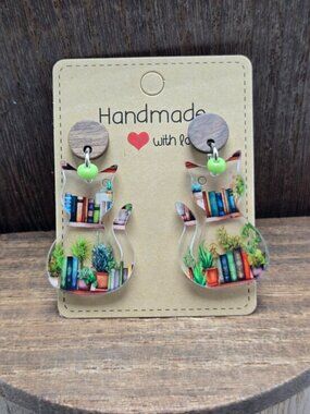 NWT Books Cats Plants Earrings Pierced Acrylic Glass Beads Dangle Drop Handmade